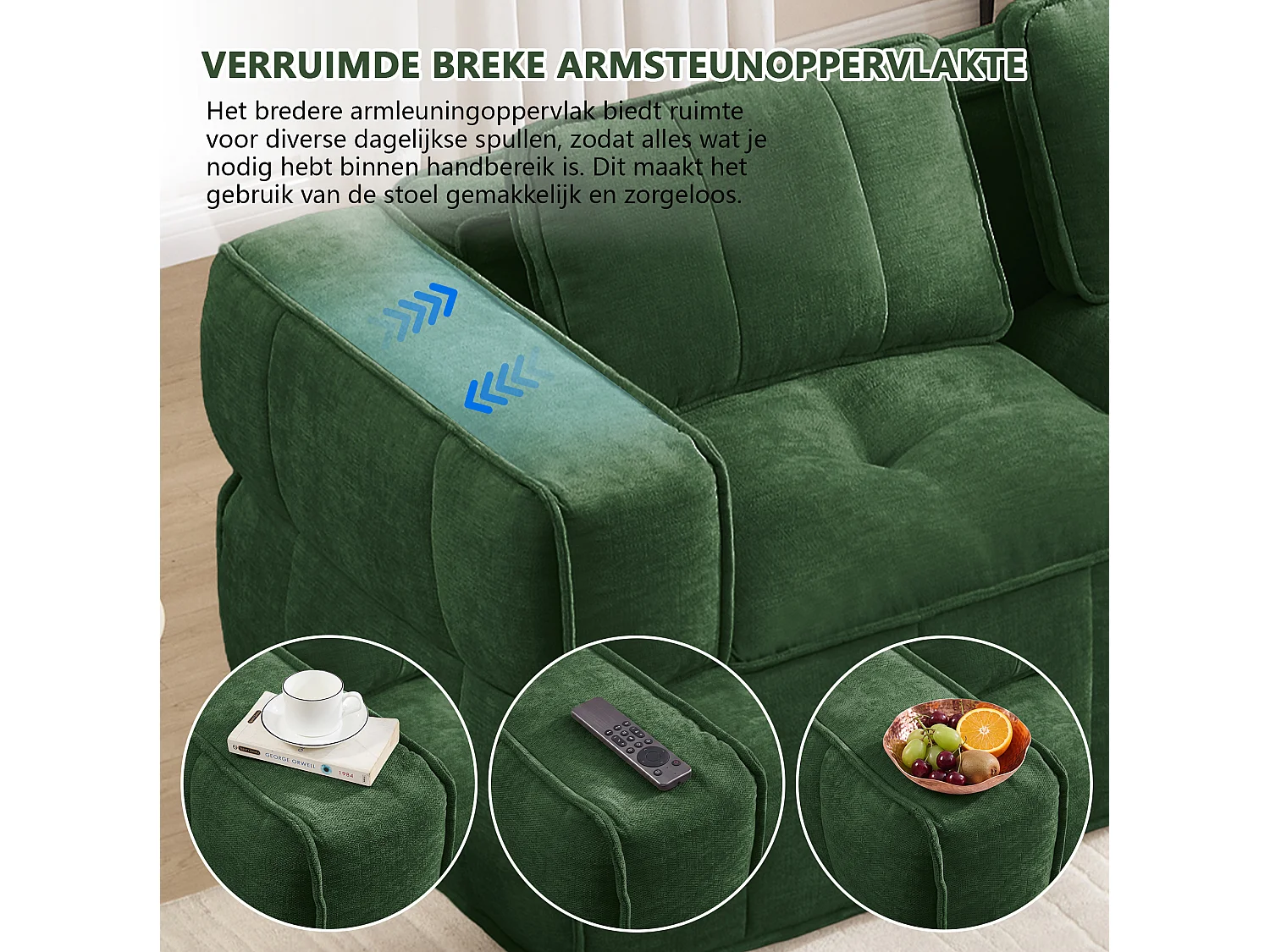 Canapé droit modulaire 2 places en polyester vert, assise profonde, sans montage