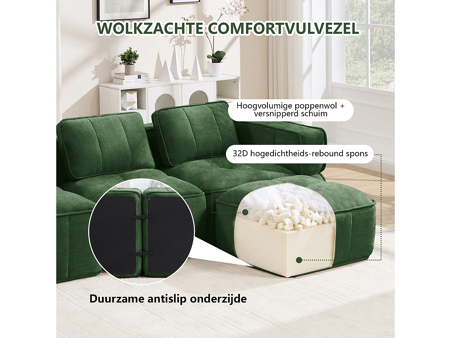Canapé droit modulaire 2 places en polyester vert, assise profonde, sans montage