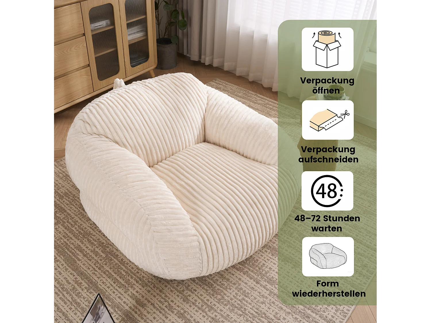 Beige sittpuff för vuxna 110x116x61 cm i kordflor, stoppad med högdensitetsskum, utan montering