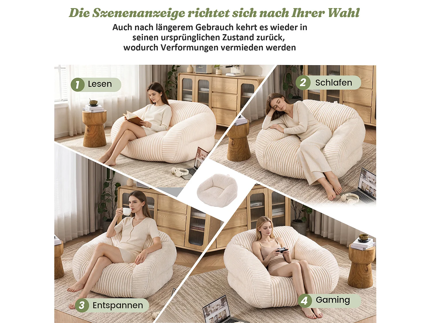 Beige sittpuff för vuxna 110x116x61 cm i kordflor, stoppad med högdensitetsskum, utan montering
