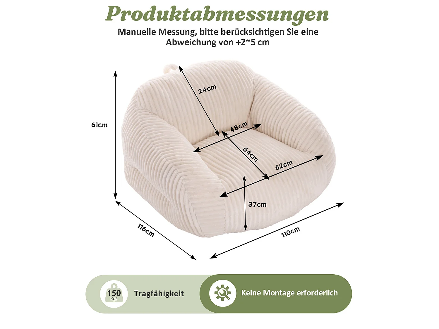 Beige sittpuff för vuxna 110x116x61 cm i kordflor, stoppad med högdensitetsskum, utan montering
