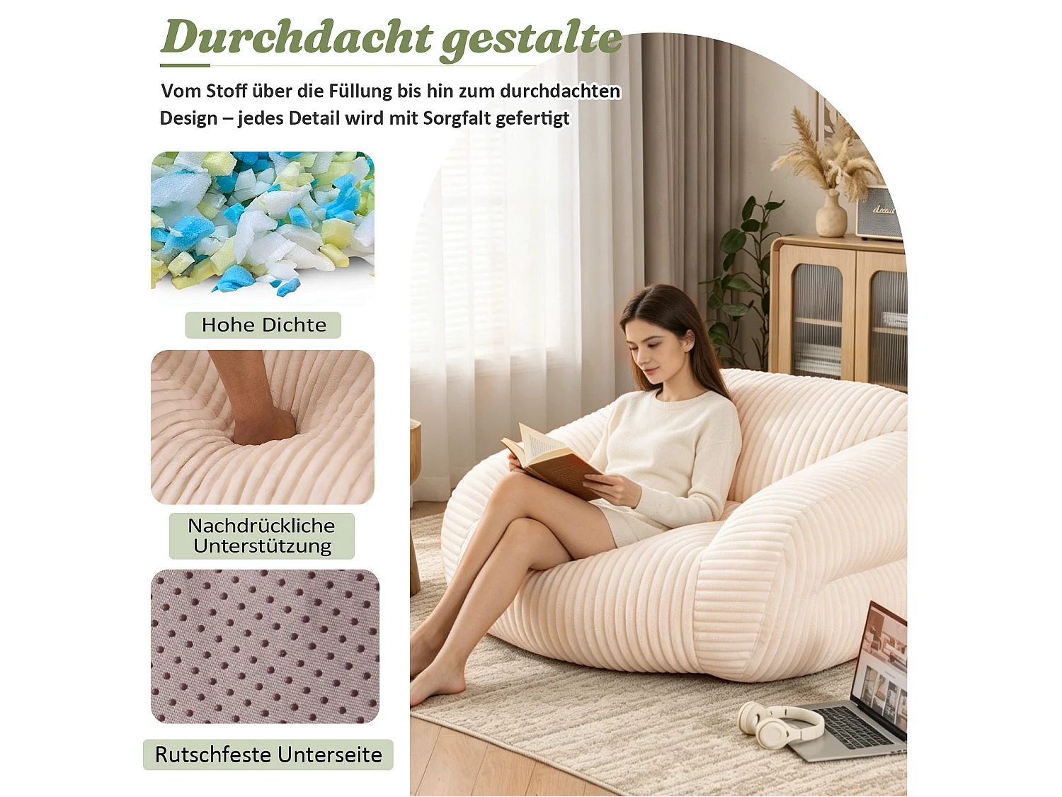 Beige sittpuff för vuxna 110x116x61 cm i kordflor, stoppad med högdensitetsskum, utan montering