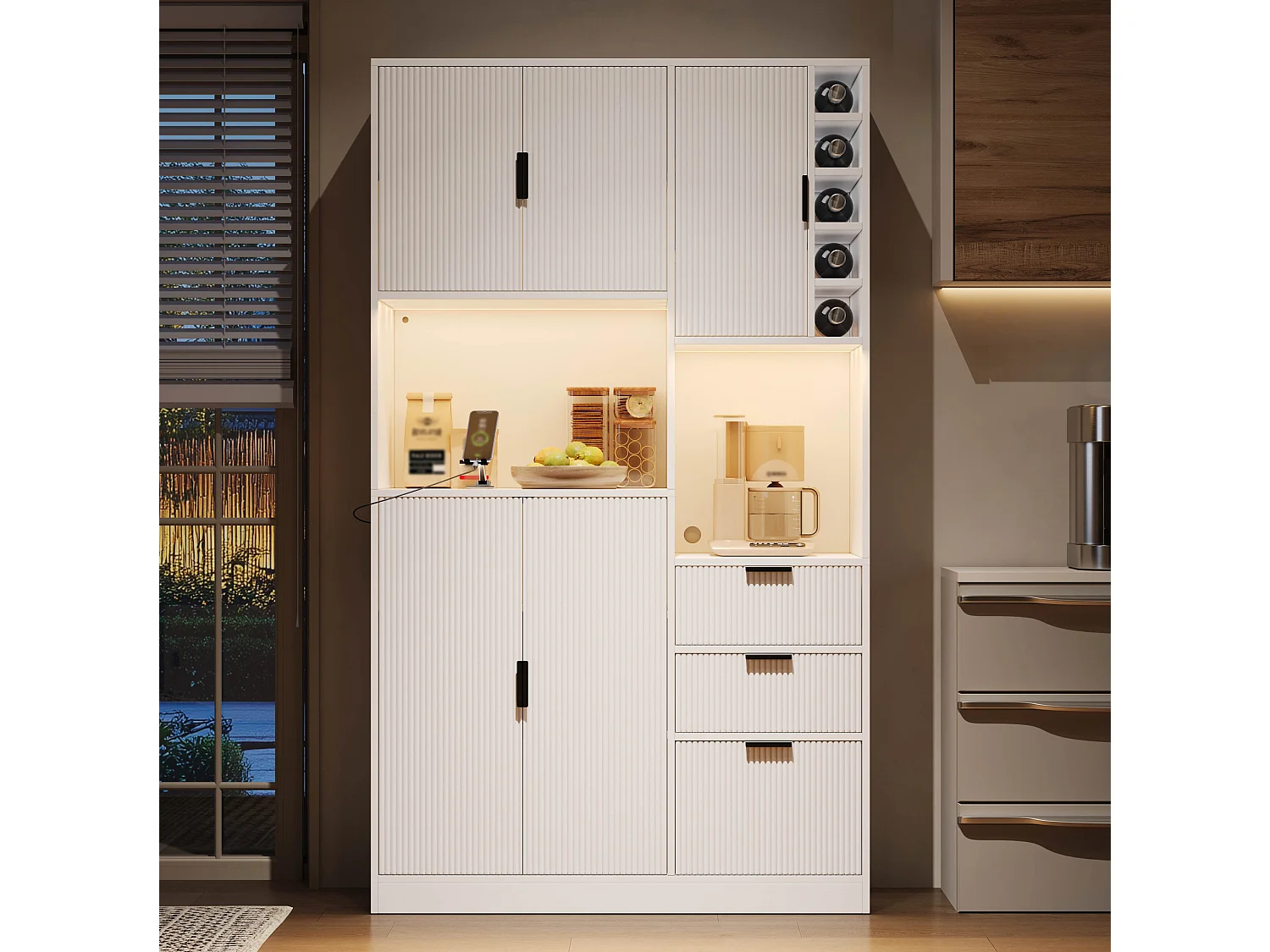 Buffet haut blanc moderne avec LED changeante, 3 tiroirs de rangement, étagères réglables et prises, pour cuisine et salon