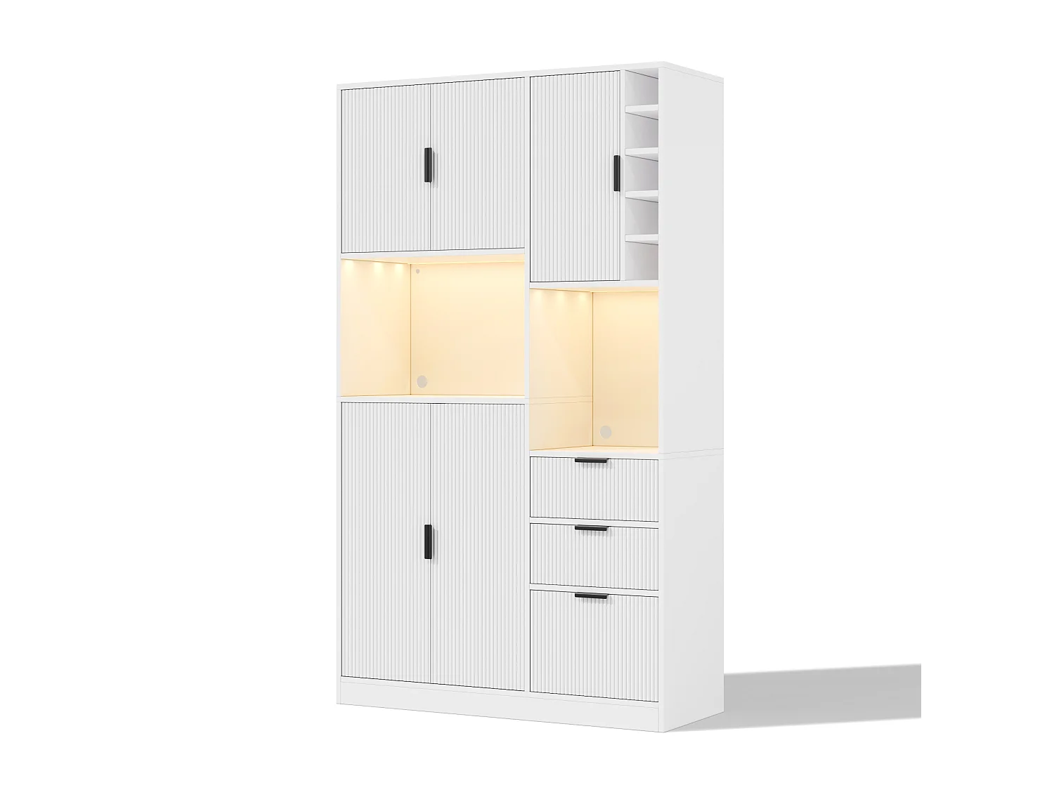 Buffet haut blanc moderne avec LED changeante, 3 tiroirs de rangement, étagères réglables et prises, pour cuisine et salon