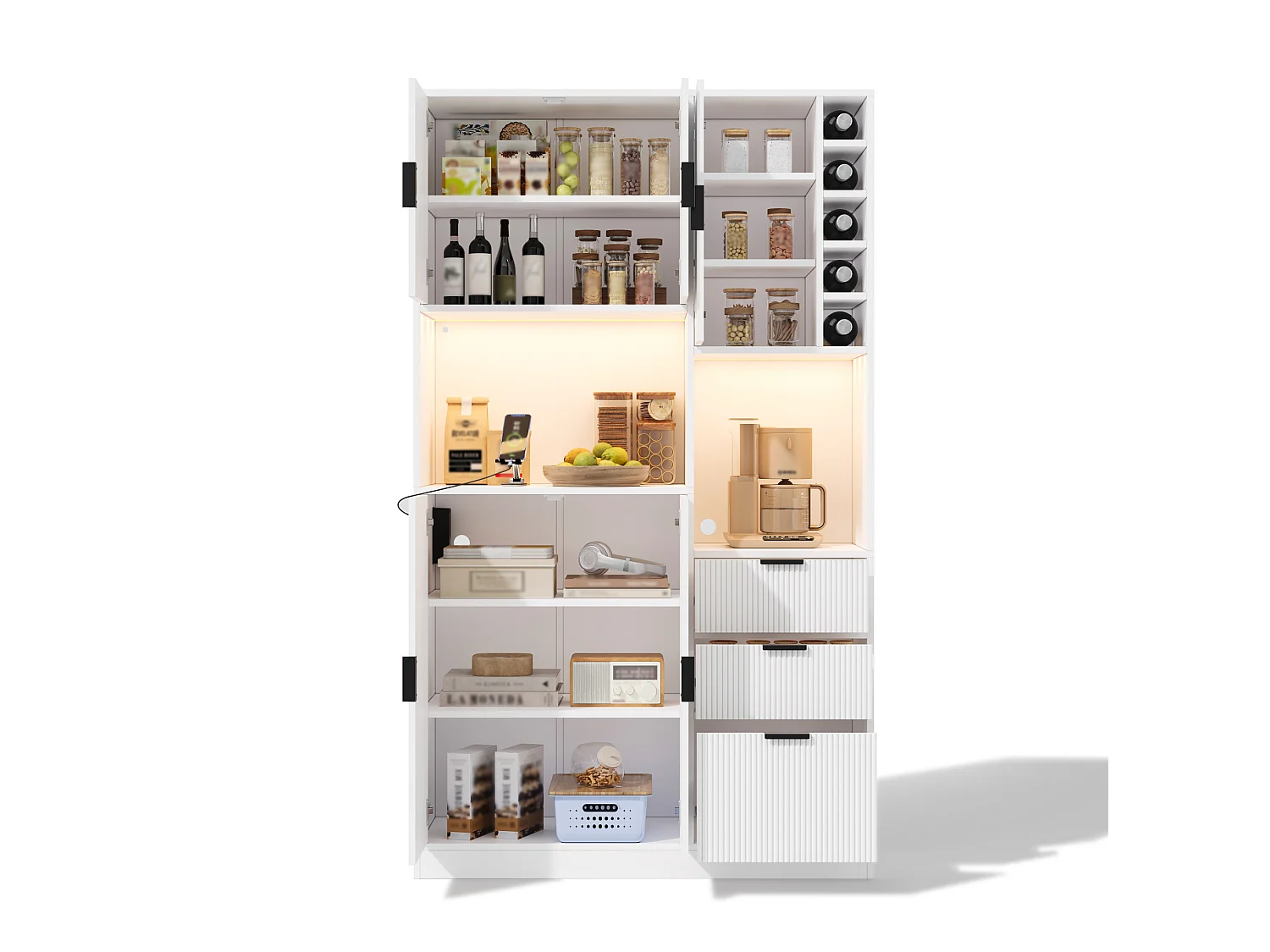 Buffet haut blanc moderne avec LED changeante, 3 tiroirs de rangement, étagères réglables et prises, pour cuisine et salon