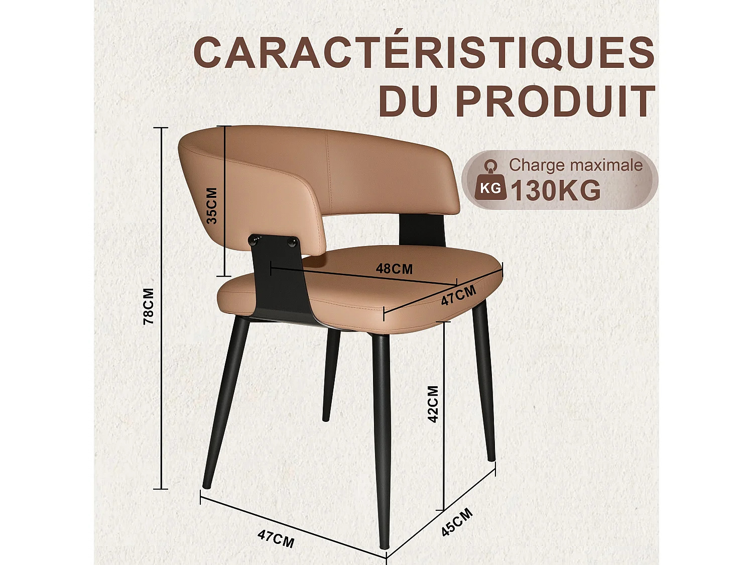 Set di 2 sedie da pranzo imbottite in similpelle marrone con braccioli e gambe metalliche