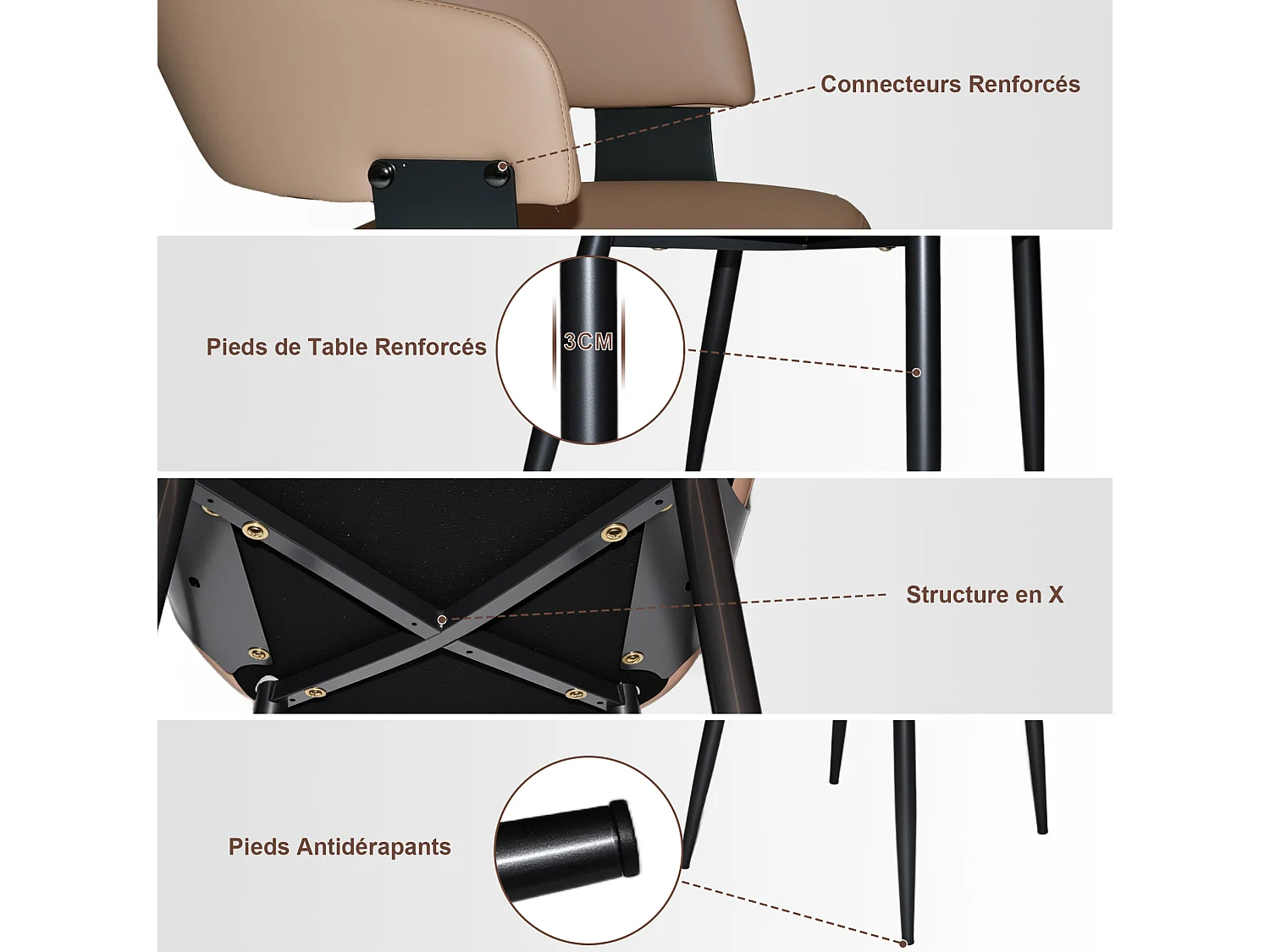 Set di 2 sedie da pranzo imbottite in similpelle marrone con braccioli e gambe metalliche