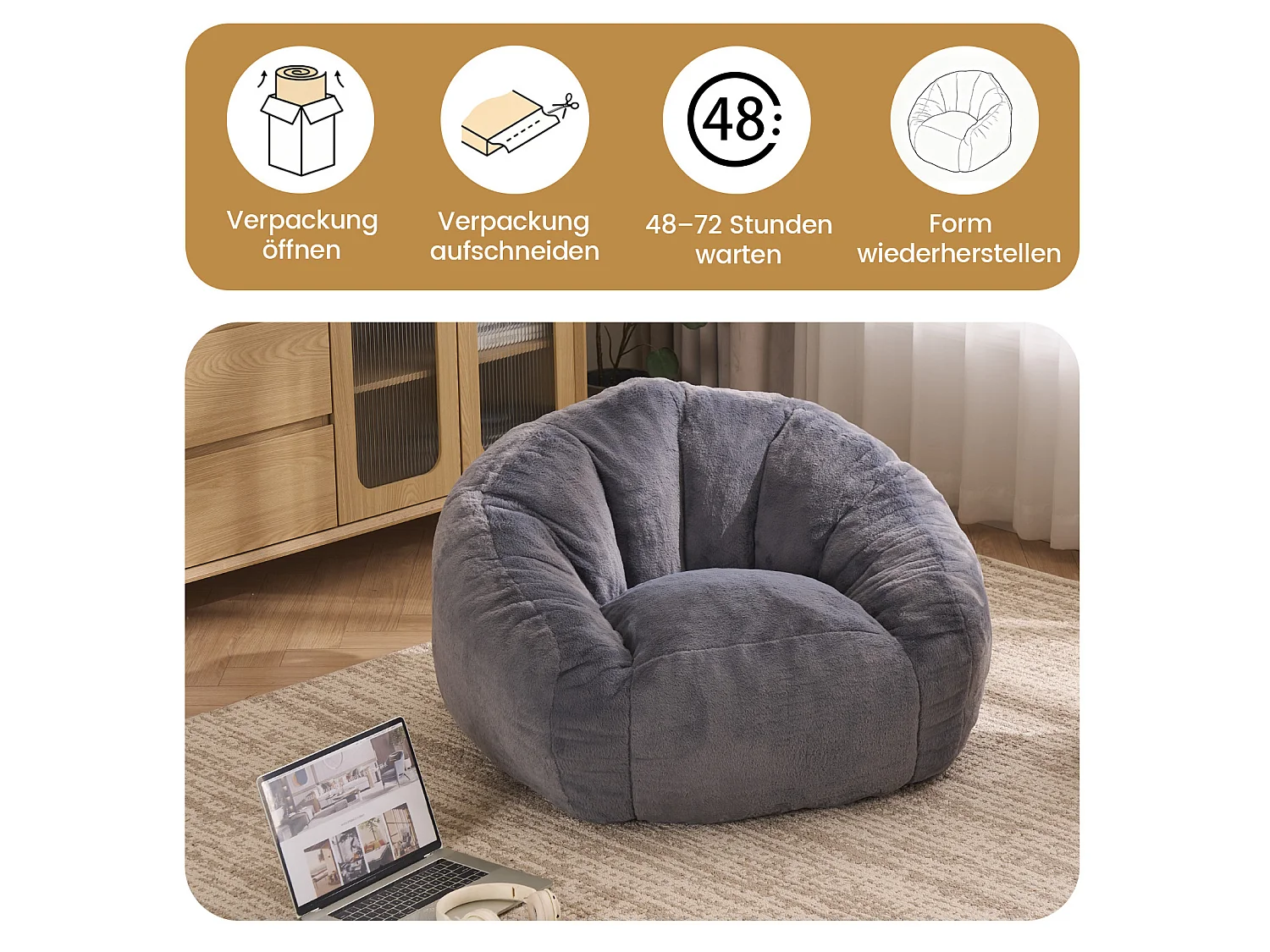 Grå sittpuff 98x98x60 cm i polyester, ergonomisk, för vardagsrum