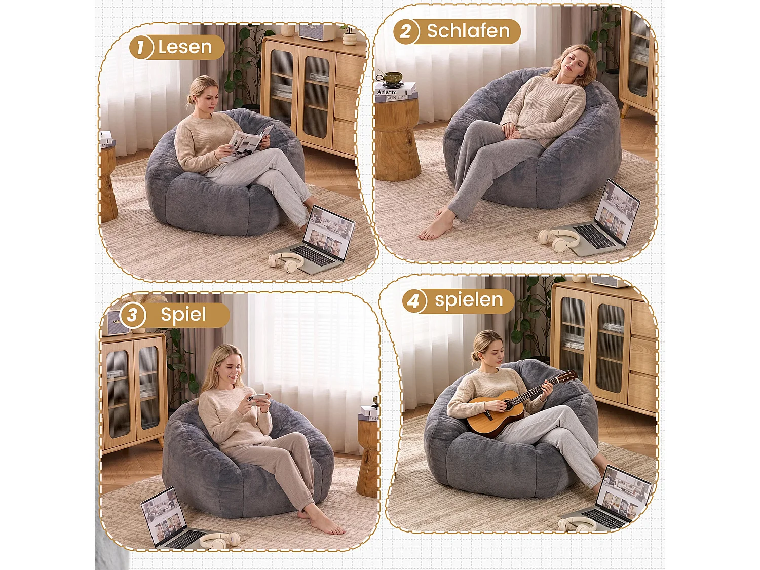Grå sittpuff 98x98x60 cm i polyester, ergonomisk, för vardagsrum