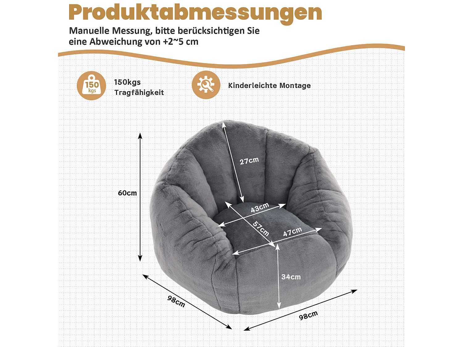 Grå sittpuff 98x98x60 cm i polyester, ergonomisk, för vardagsrum