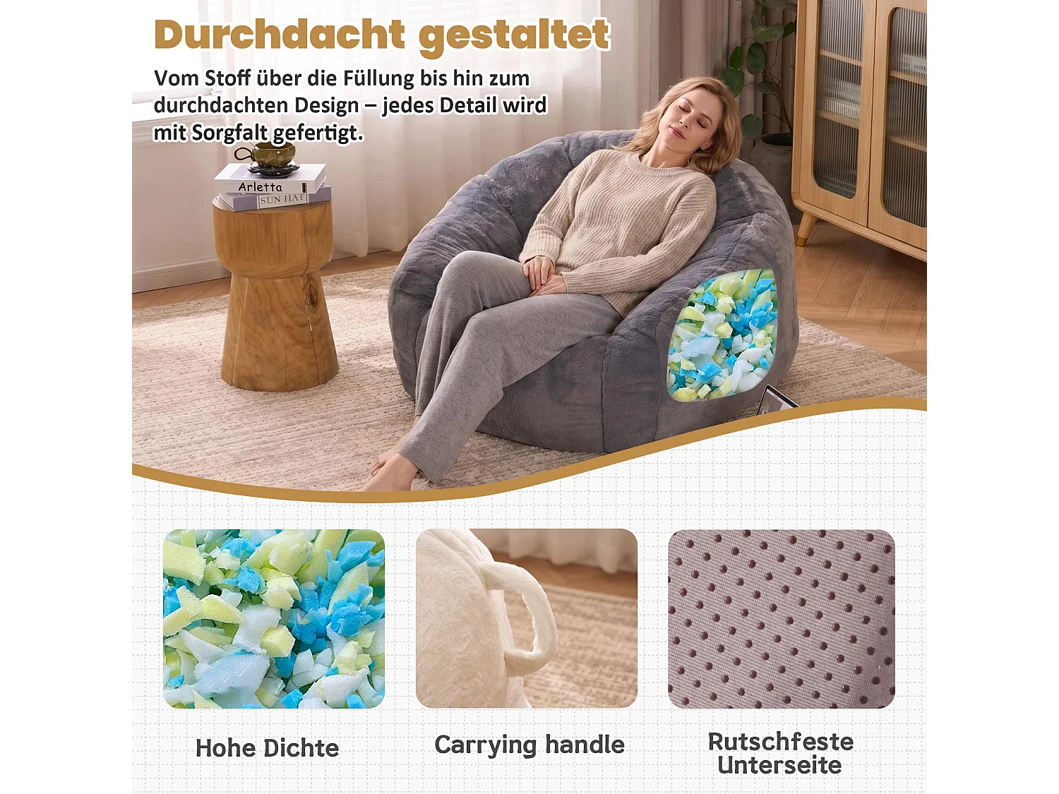 Grå sittpuff 98x98x60 cm i polyester, ergonomisk, för vardagsrum