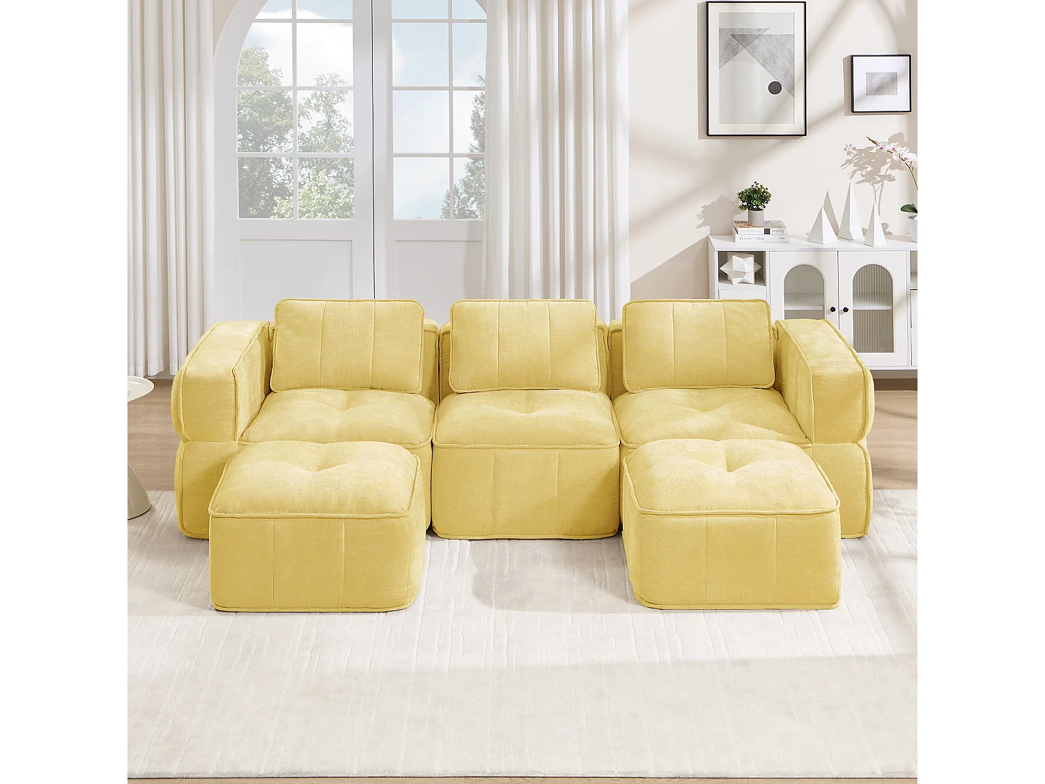 Canapé d'angle modulaire 3 places en polyester jaune avec 2 reposes‑pieds, assise profonde