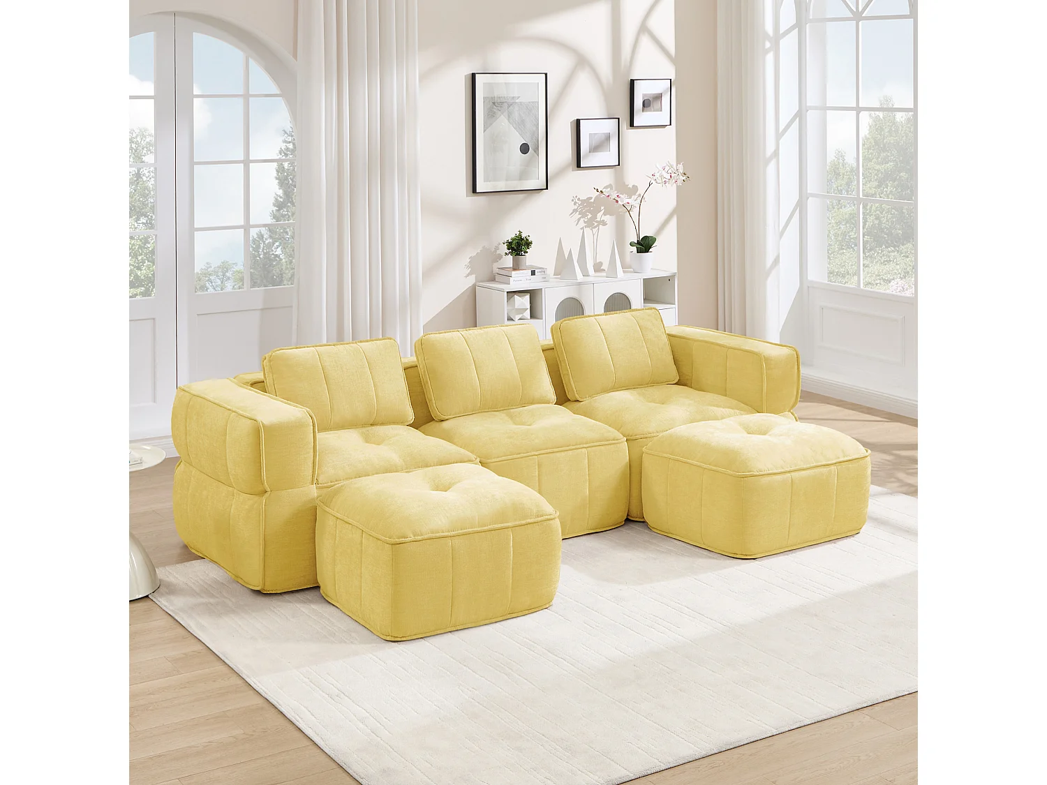Canapé d'angle modulaire 3 places en polyester jaune avec 2 reposes‑pieds, assise profonde