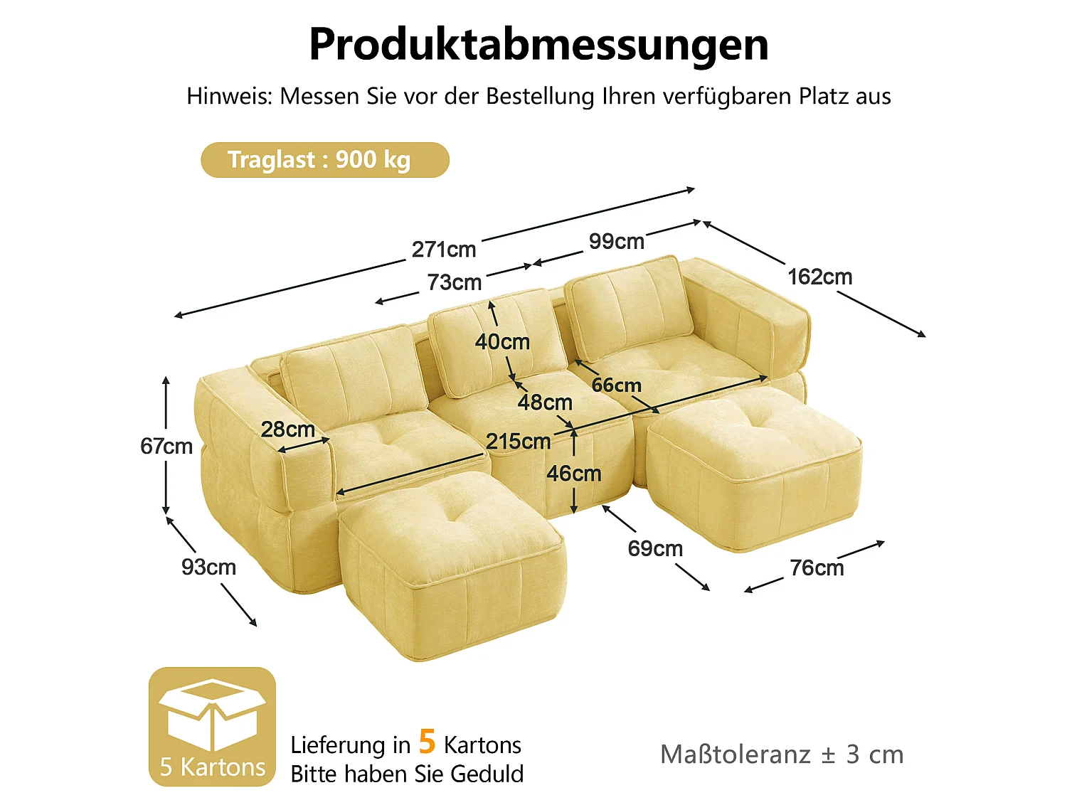 Canapé d'angle modulaire 3 places en polyester jaune avec 2 reposes‑pieds, assise profonde