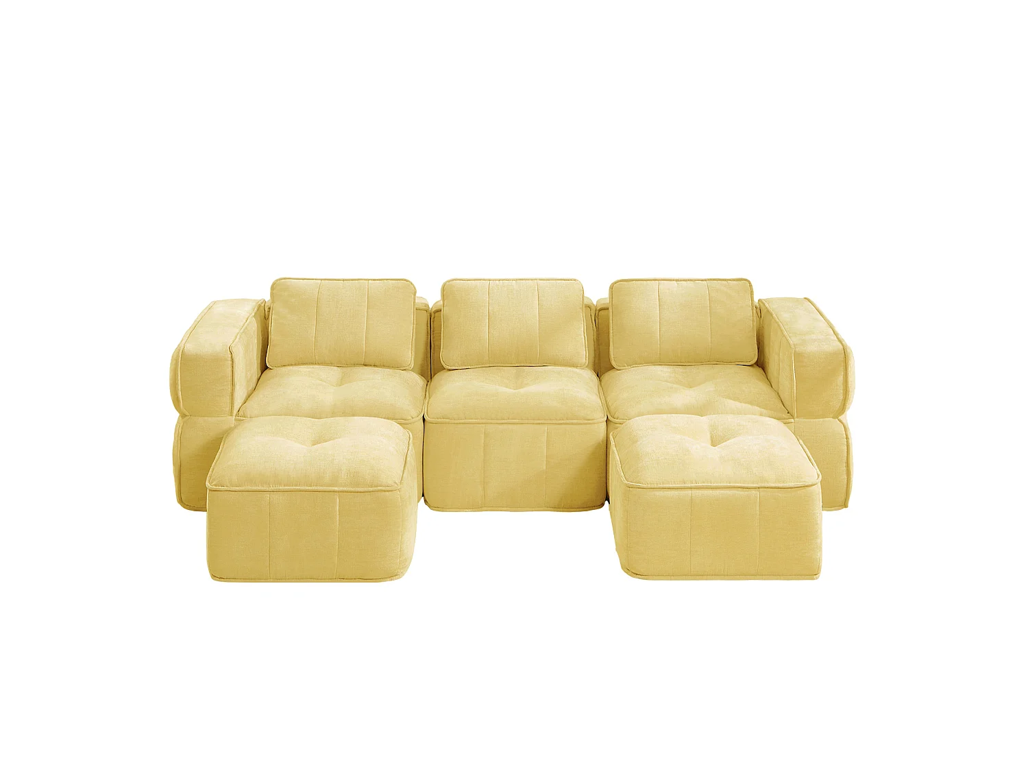 Canapé d'angle modulaire 3 places en polyester jaune avec 2 reposes‑pieds, assise profonde