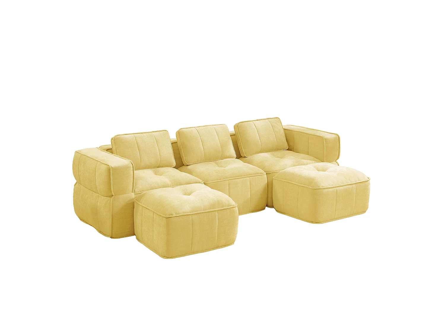 Canapé d'angle modulaire 3 places en polyester jaune avec 2 reposes‑pieds, assise profonde