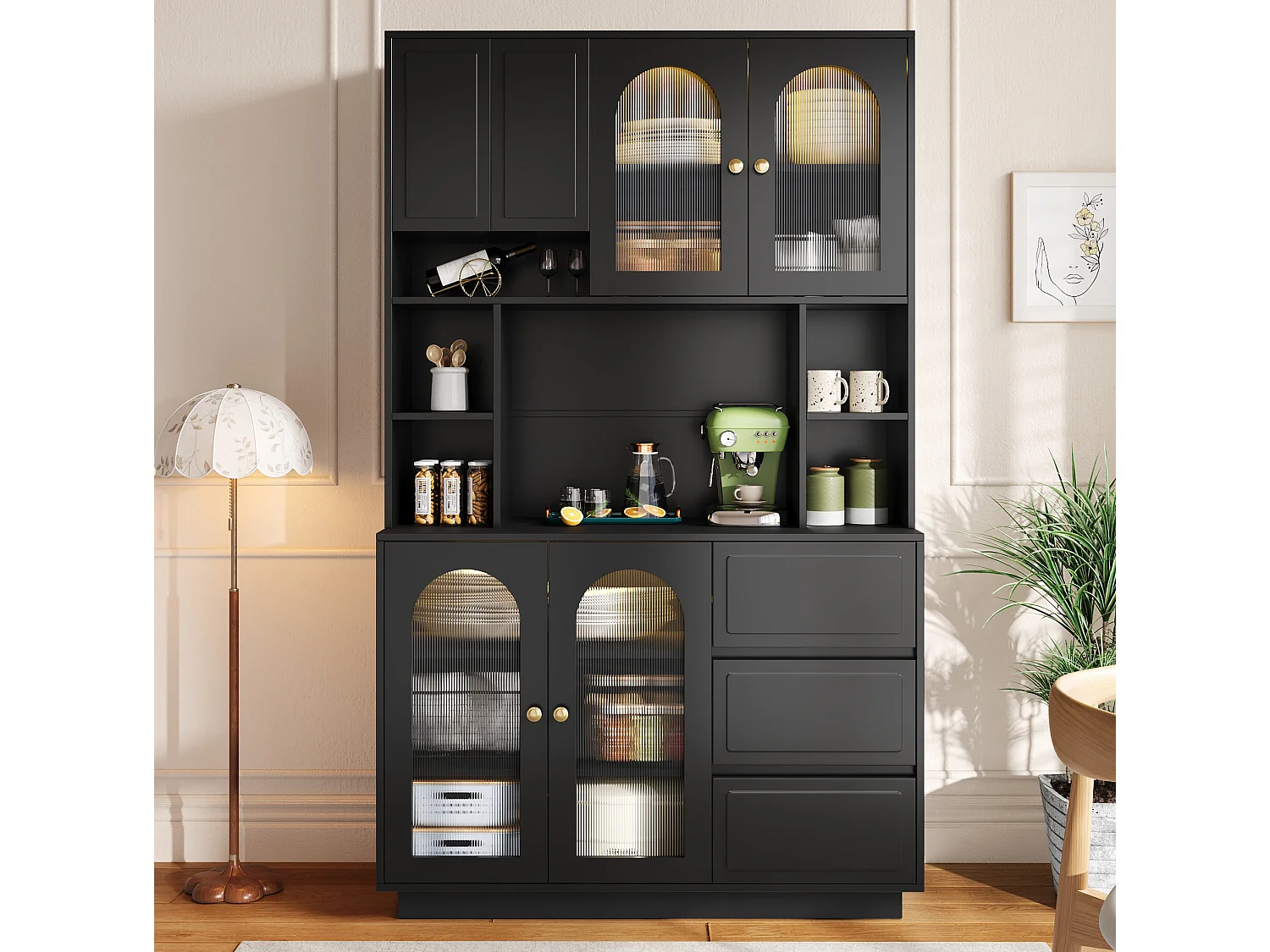 Credenza alta nera moderna 106x30x175 cm, illuminazione LED regolabile, ripiani regolabili, 3 cassetti, mobile contenitore per soggiorno e sala da pranzo