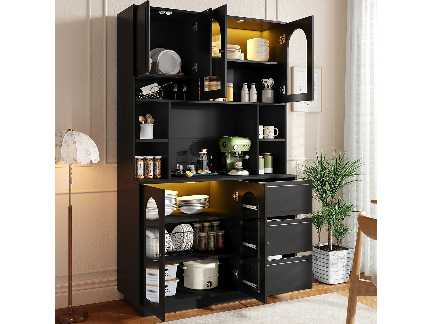 Credenza alta nera moderna 106x30x175 cm, illuminazione LED regolabile, ripiani regolabili, 3 cassetti, mobile contenitore per soggiorno e sala da pranzo