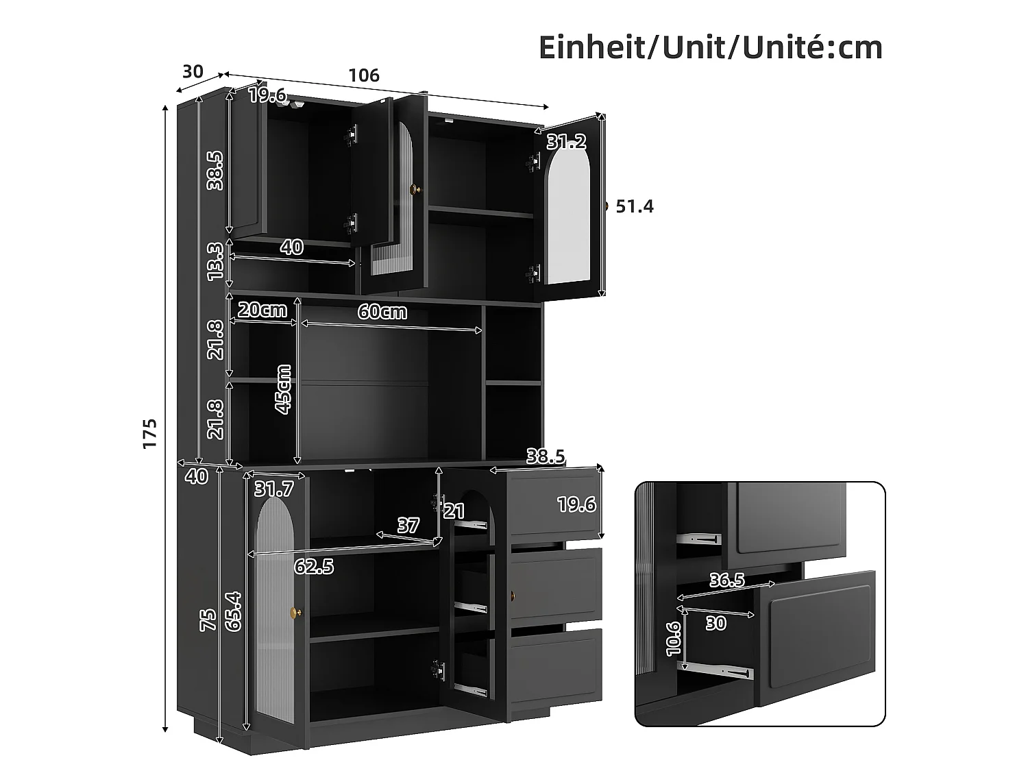 Credenza alta nera moderna 106x30x175 cm, illuminazione LED regolabile, ripiani regolabili, 3 cassetti, mobile contenitore per soggiorno e sala da pranzo