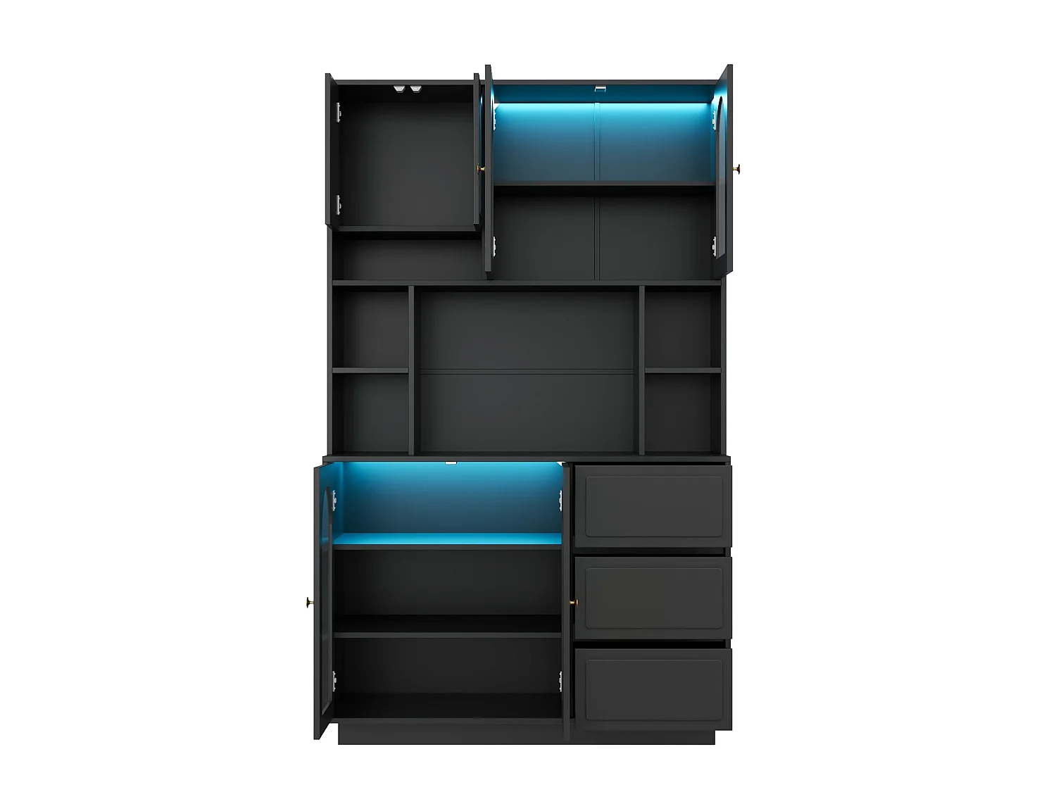 Credenza alta nera moderna 106x30x175 cm, illuminazione LED regolabile, ripiani regolabili, 3 cassetti, mobile contenitore per soggiorno e sala da pranzo