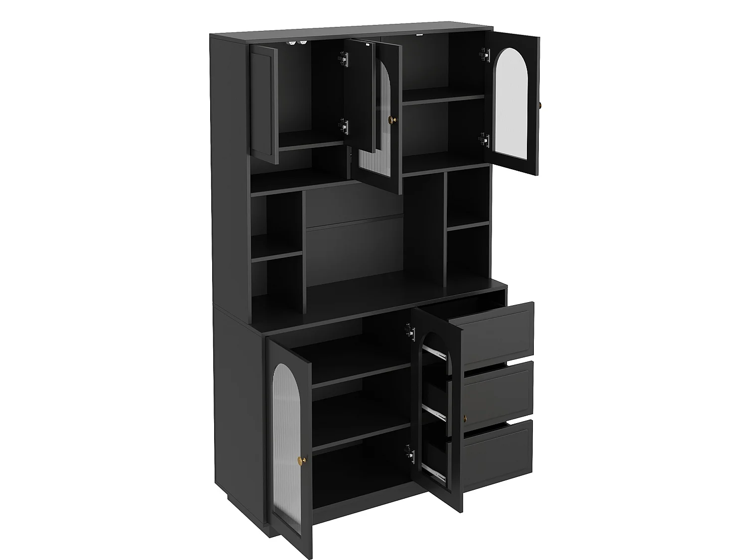 Credenza alta nera moderna 106x30x175 cm, illuminazione LED regolabile, ripiani regolabili, 3 cassetti, mobile contenitore per soggiorno e sala da pranzo
