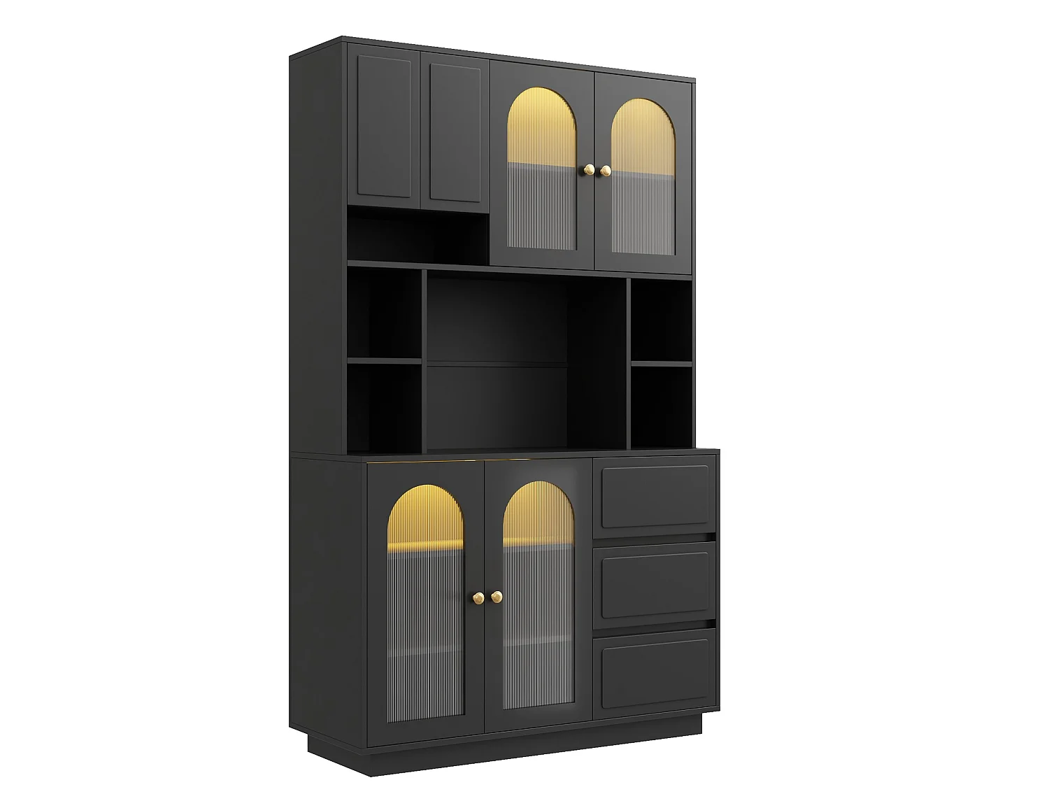 Credenza alta nera moderna 106x30x175 cm, illuminazione LED regolabile, ripiani regolabili, 3 cassetti, mobile contenitore per soggiorno e sala da pranzo