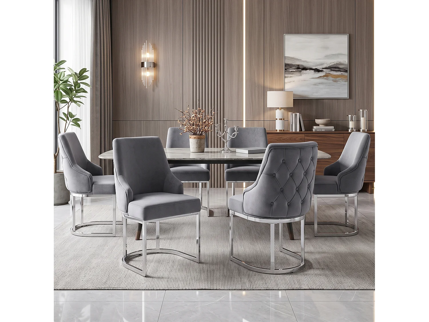Juego de 4 sillas de comedor en terciopelo gris con patas metálicas plateadas, cómodas y elegantes