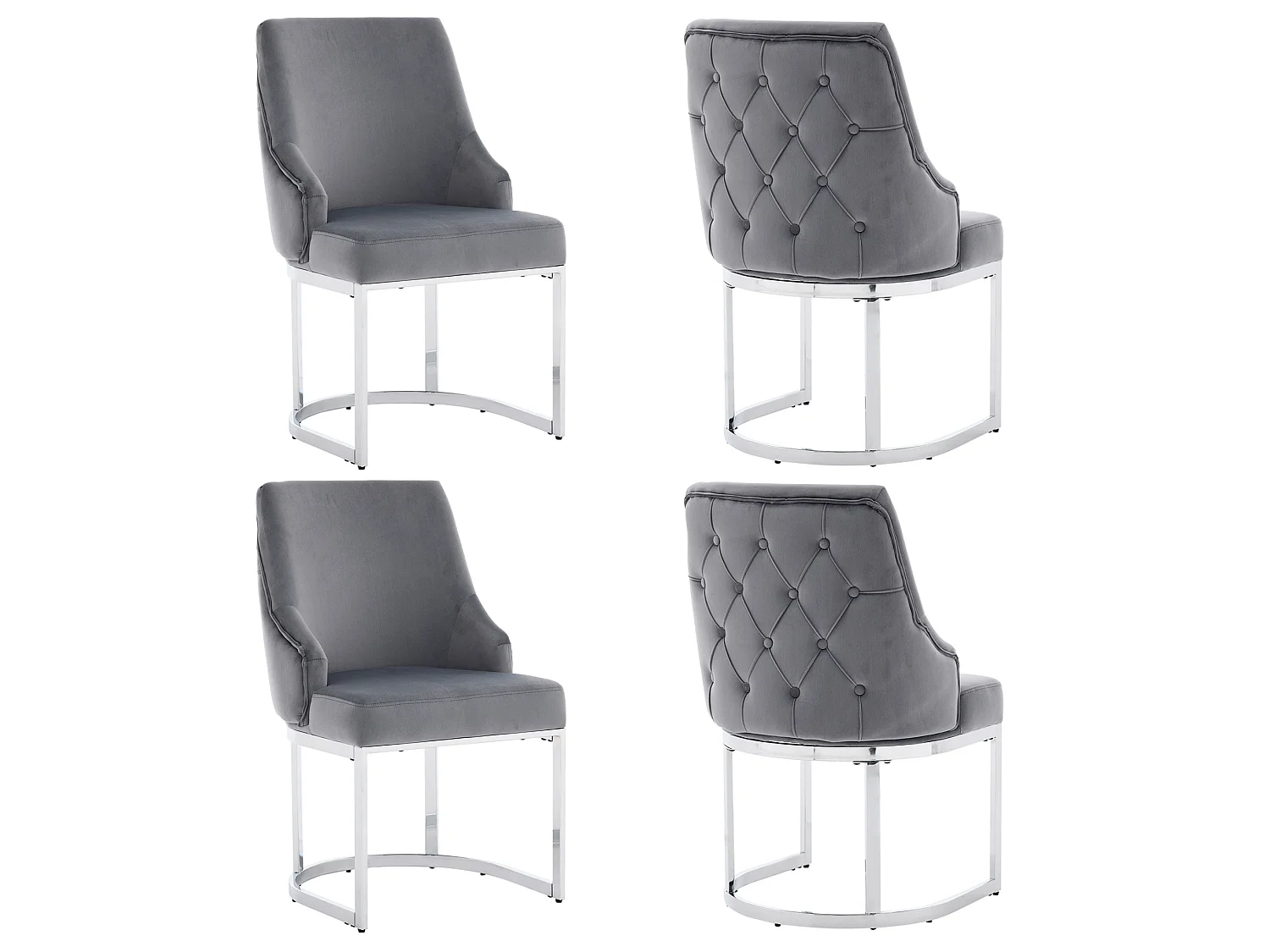 Juego de 4 sillas de comedor en terciopelo gris con patas metálicas plateadas, cómodas y elegantes