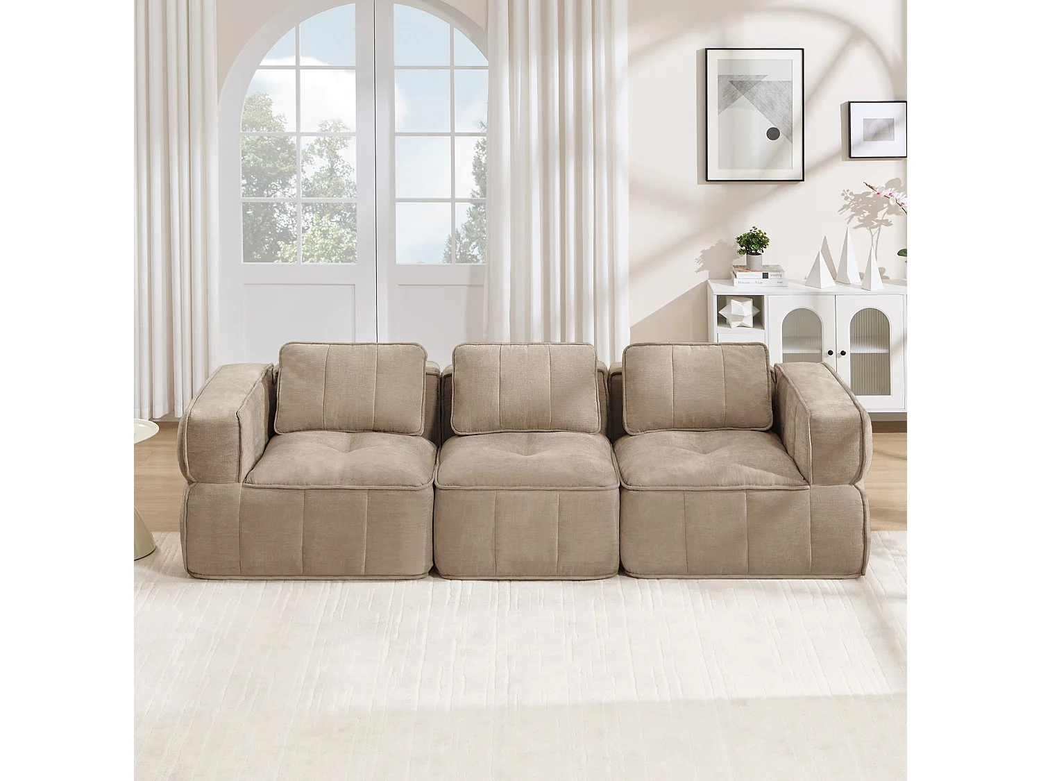 Canapé droit modulaire 3 places en polyester taupe, assise profonde, sans montage