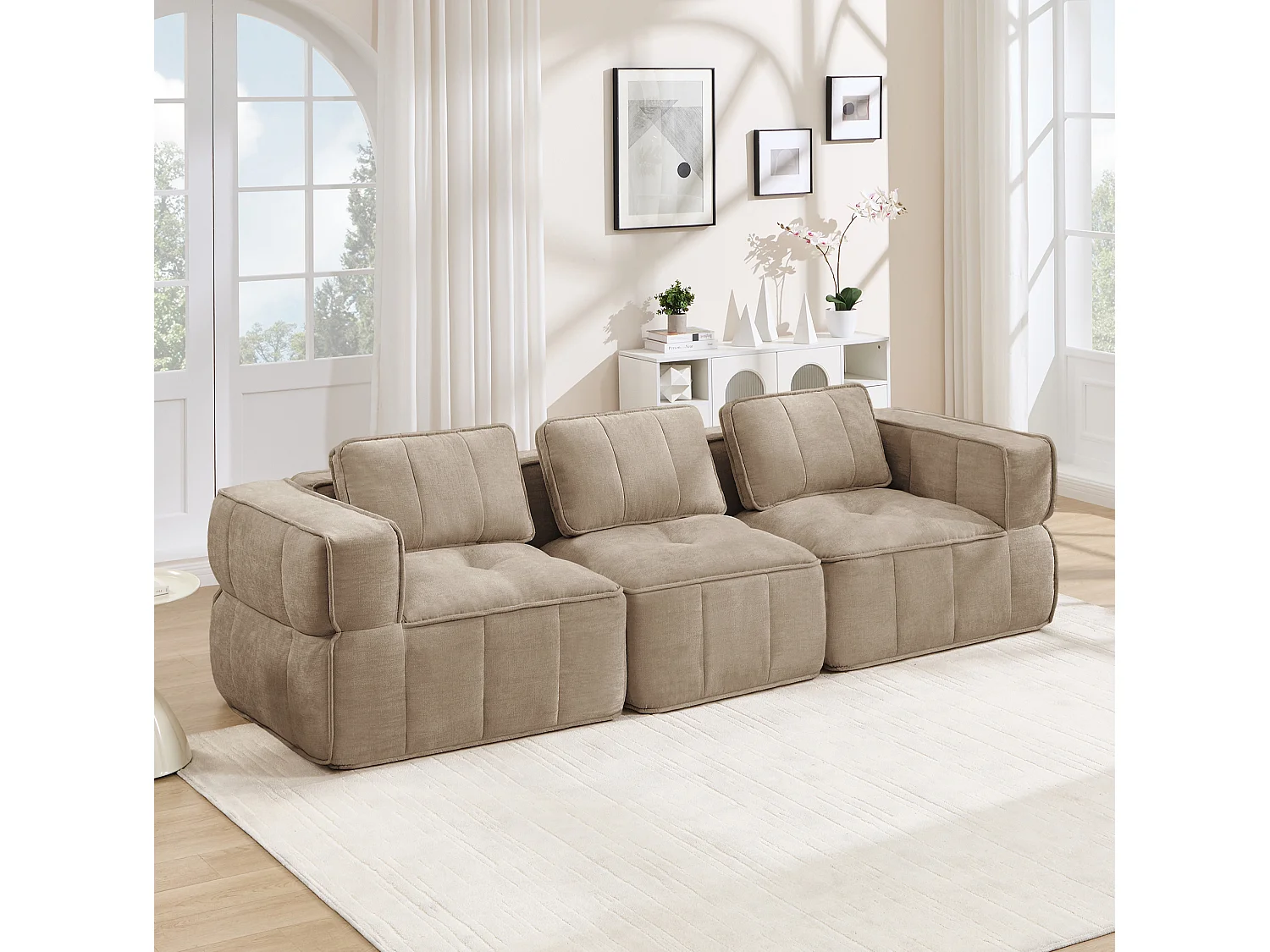 Canapé droit modulaire 3 places en polyester taupe, assise profonde, sans montage