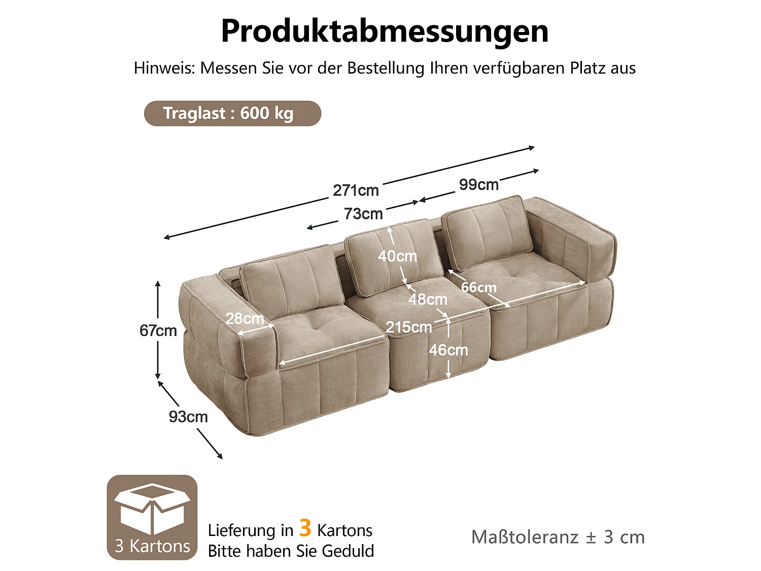 Canapé droit modulaire 3 places en polyester taupe, assise profonde, sans montage