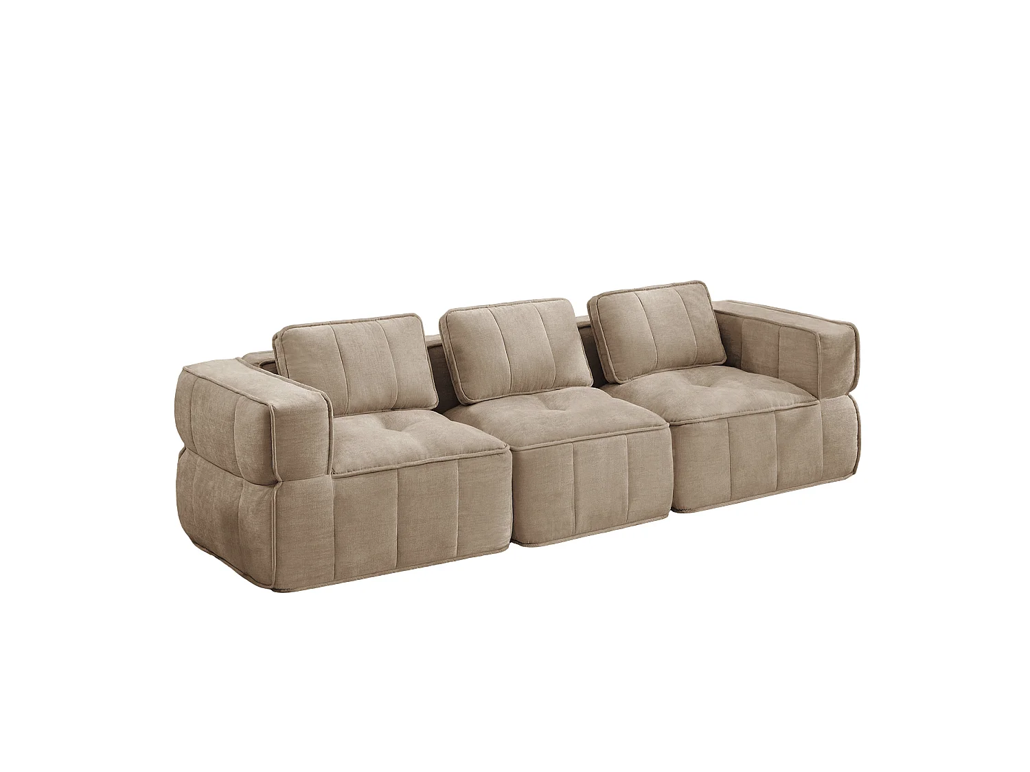Canapé droit modulaire 3 places en polyester taupe, assise profonde, sans montage