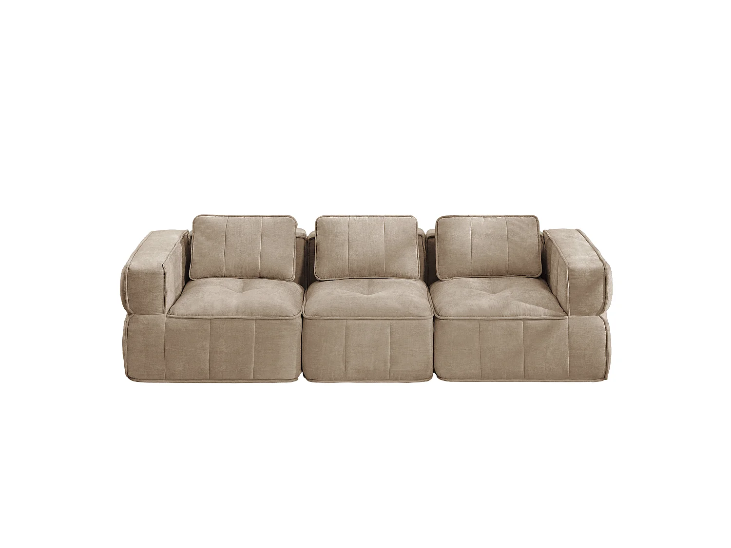 Canapé droit modulaire 3 places en polyester taupe, assise profonde, sans montage