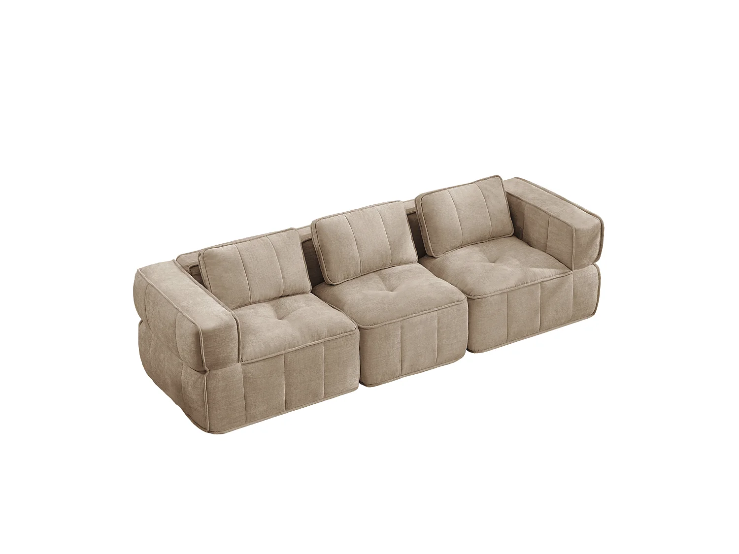 Canapé droit modulaire 3 places en polyester taupe, assise profonde, sans montage