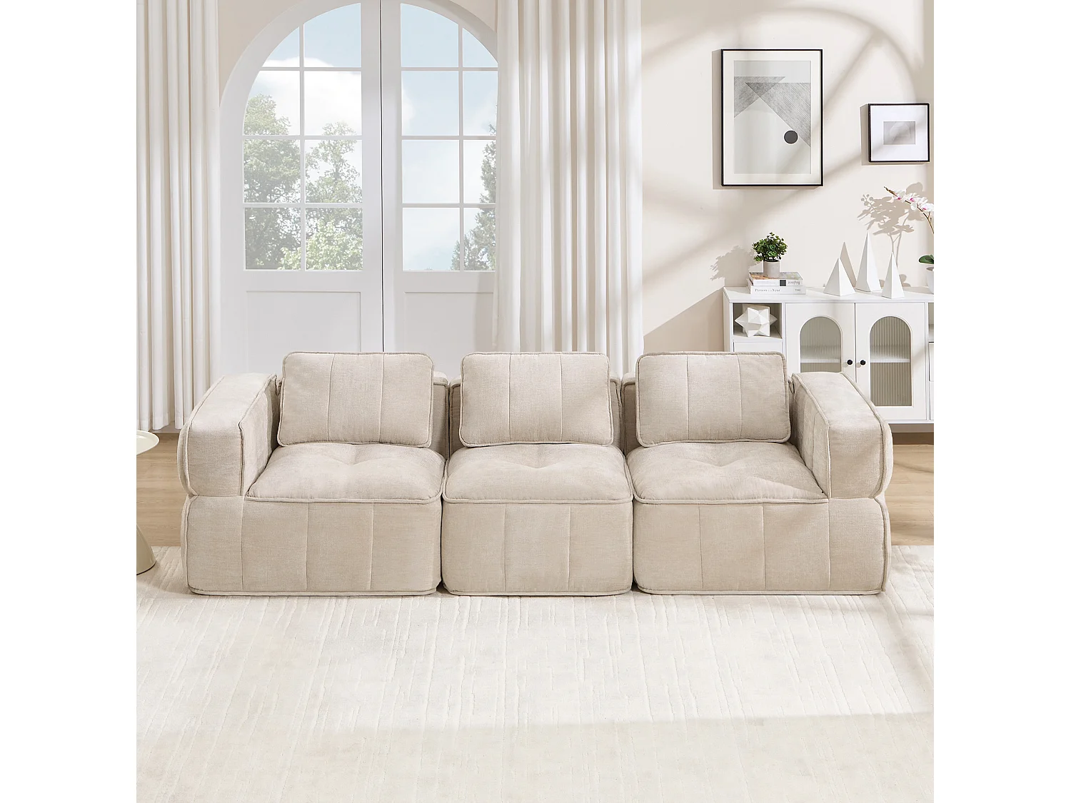 Modulbar rak soffa 3‑sits polyester beige, halkfri bas, monteringsfri