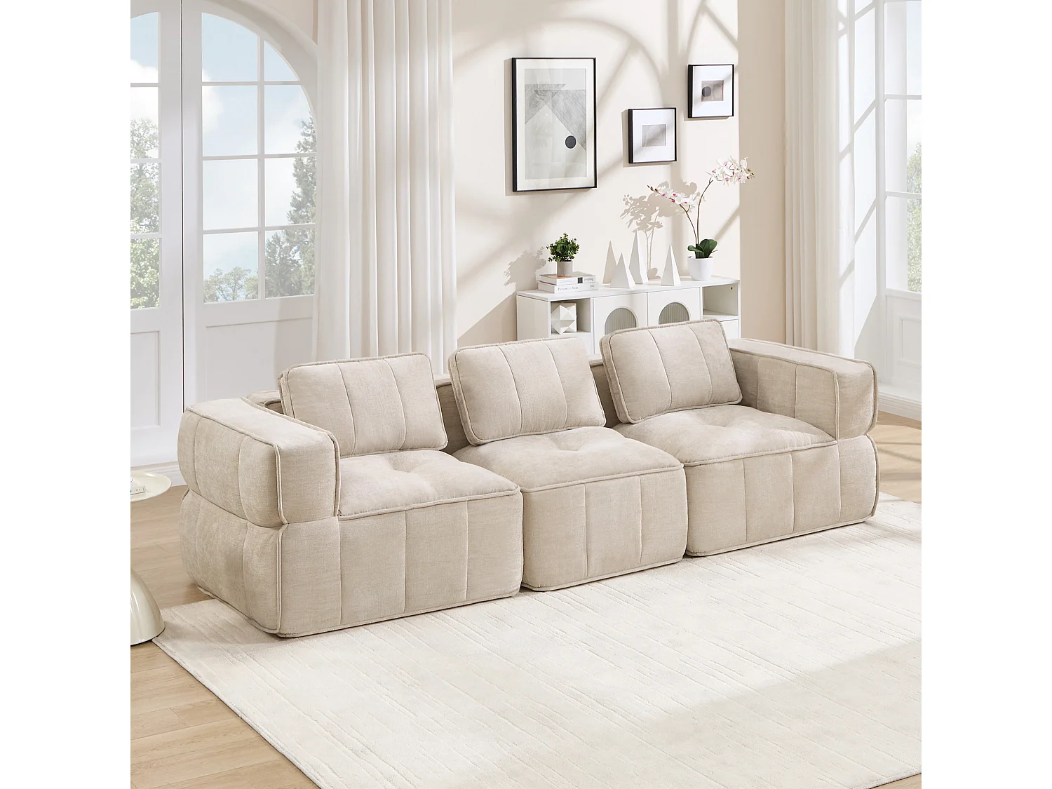 Modulbar rak soffa 3‑sits polyester beige, halkfri bas, monteringsfri