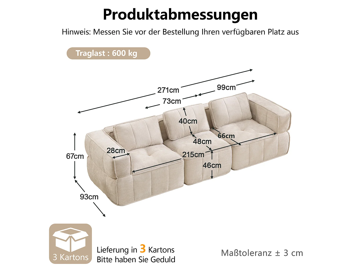 Modulbar rak soffa 3‑sits polyester beige, halkfri bas, monteringsfri