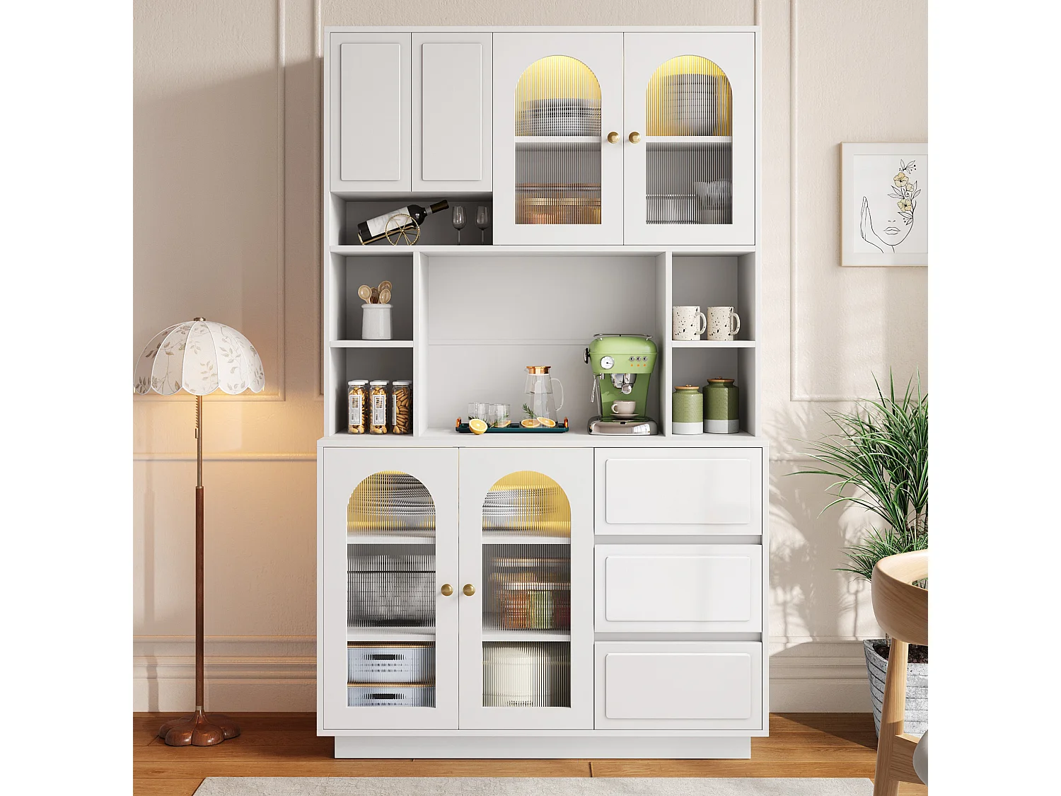 Credenza alta bianca moderna 106x30x175 cm, illuminazione LED regolabile, ripiani regolabili, 3 cassetti