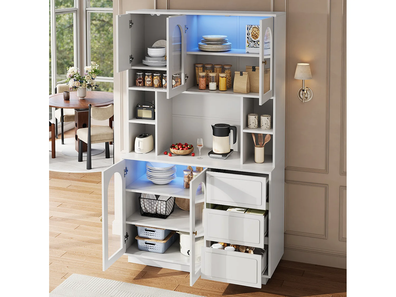 Credenza alta bianca moderna 106x30x175 cm, illuminazione LED regolabile, ripiani regolabili, 3 cassetti