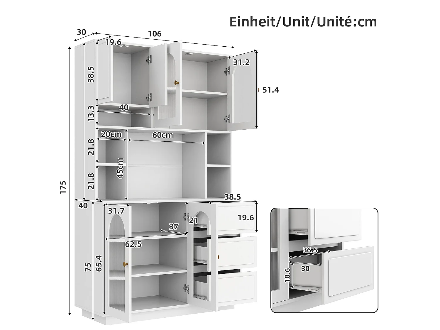 Credenza alta bianca moderna 106x30x175 cm, illuminazione LED regolabile, ripiani regolabili, 3 cassetti