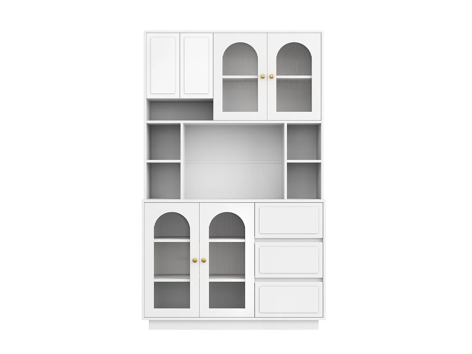 Credenza alta bianca moderna 106x30x175 cm, illuminazione LED regolabile, ripiani regolabili, 3 cassetti