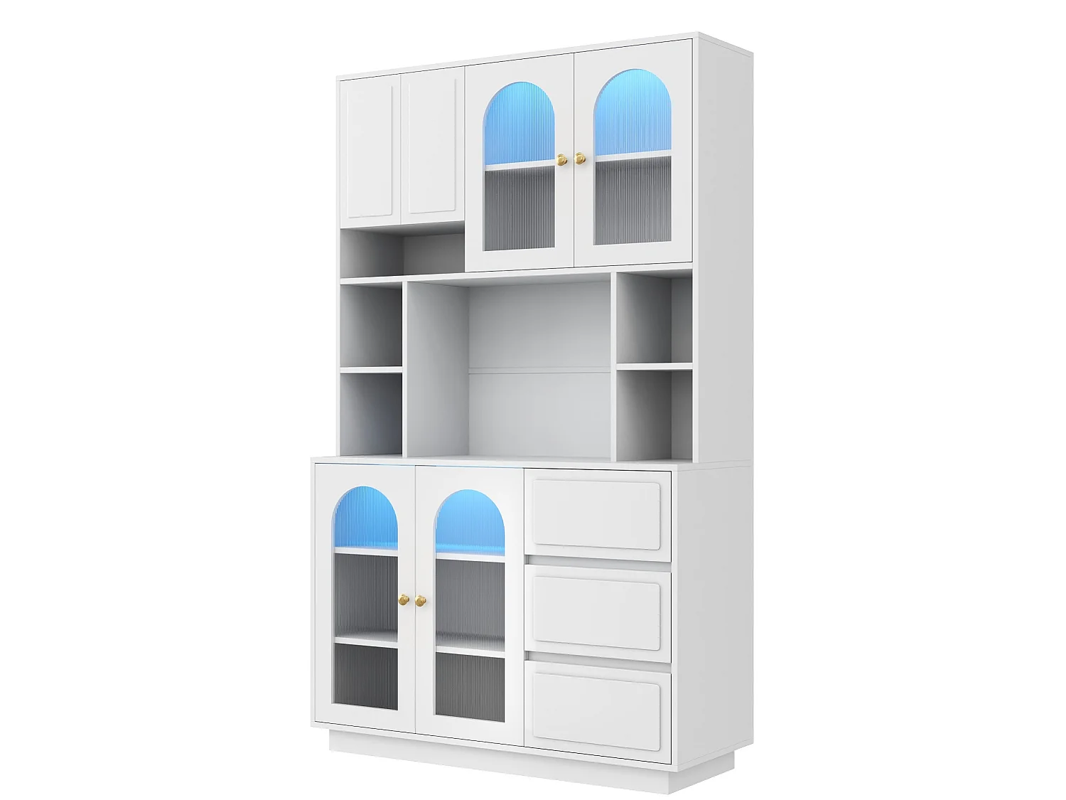 Credenza alta bianca moderna 106x30x175 cm, illuminazione LED regolabile, ripiani regolabili, 3 cassetti