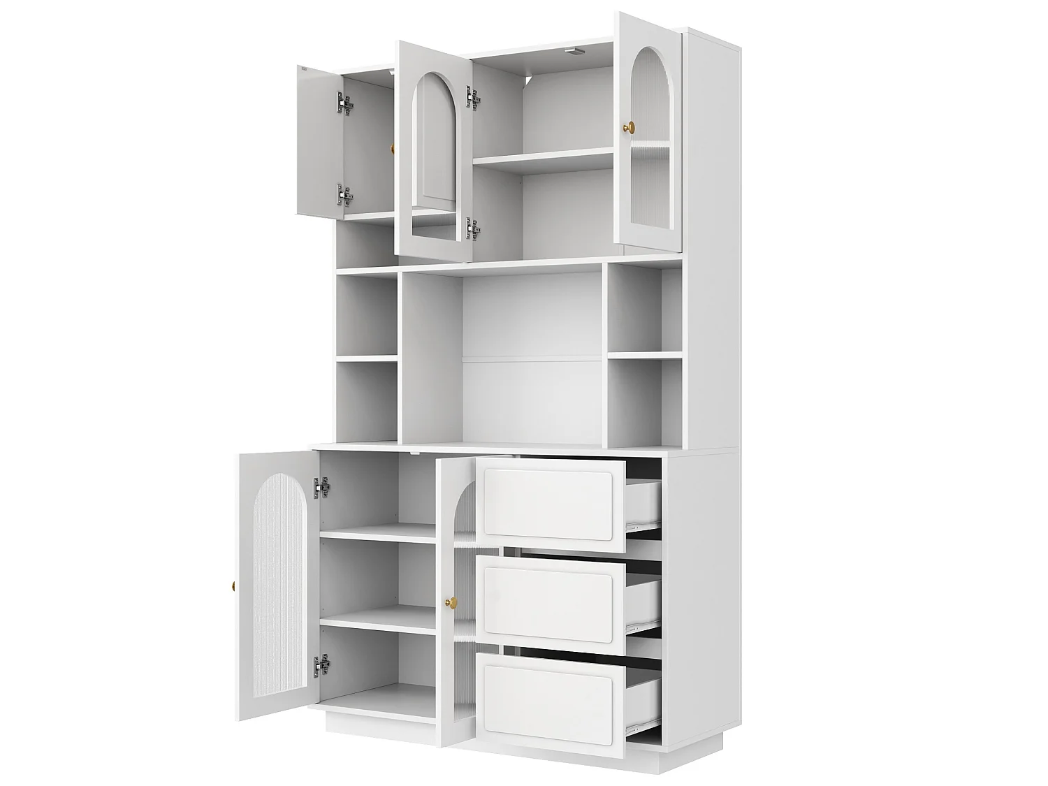 Credenza alta bianca moderna 106x30x175 cm, illuminazione LED regolabile, ripiani regolabili, 3 cassetti