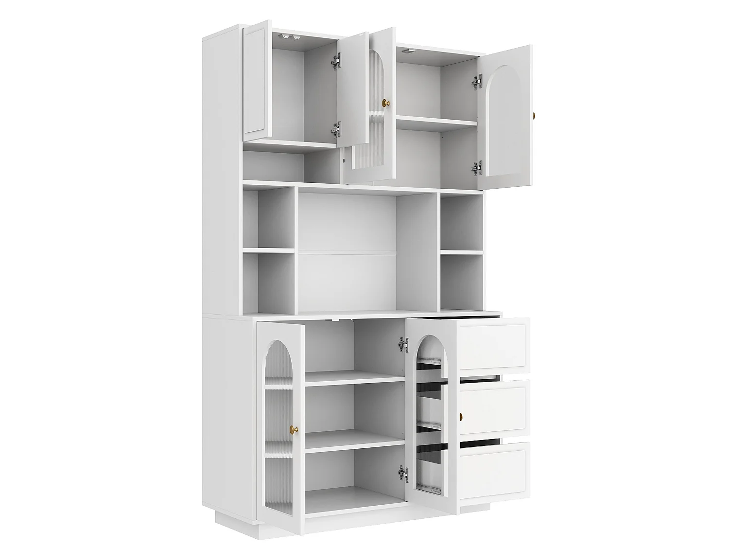 Credenza alta bianca moderna 106x30x175 cm, illuminazione LED regolabile, ripiani regolabili, 3 cassetti