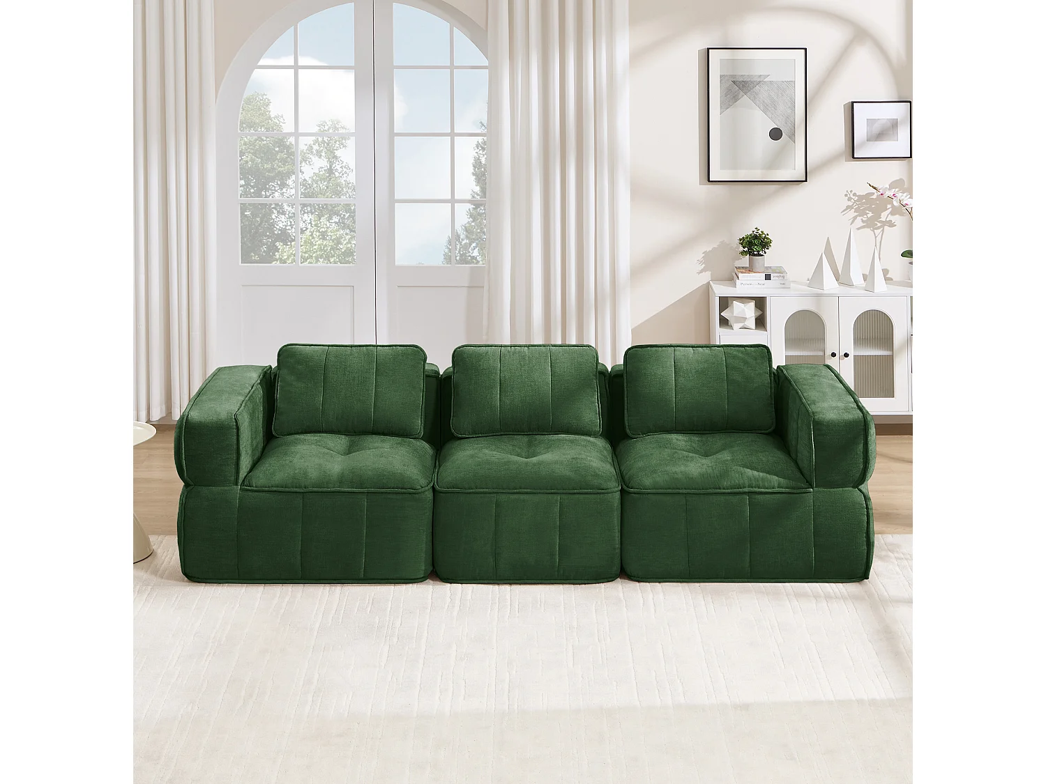 Modulaire 3‑zits rechte bank van groen polyester, diepe zitting, montagevrij