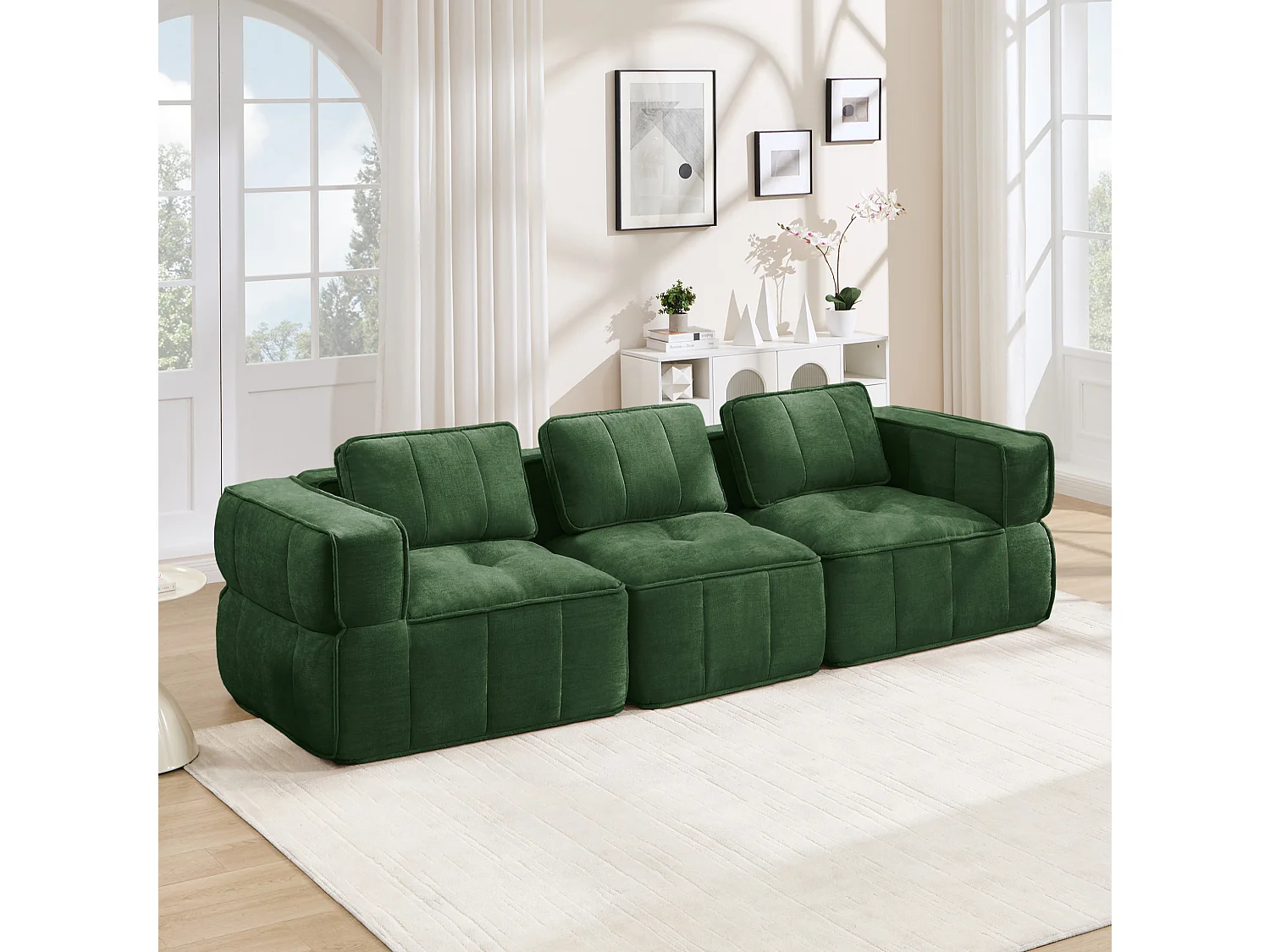 Modulaire 3‑zits rechte bank van groen polyester, diepe zitting, montagevrij