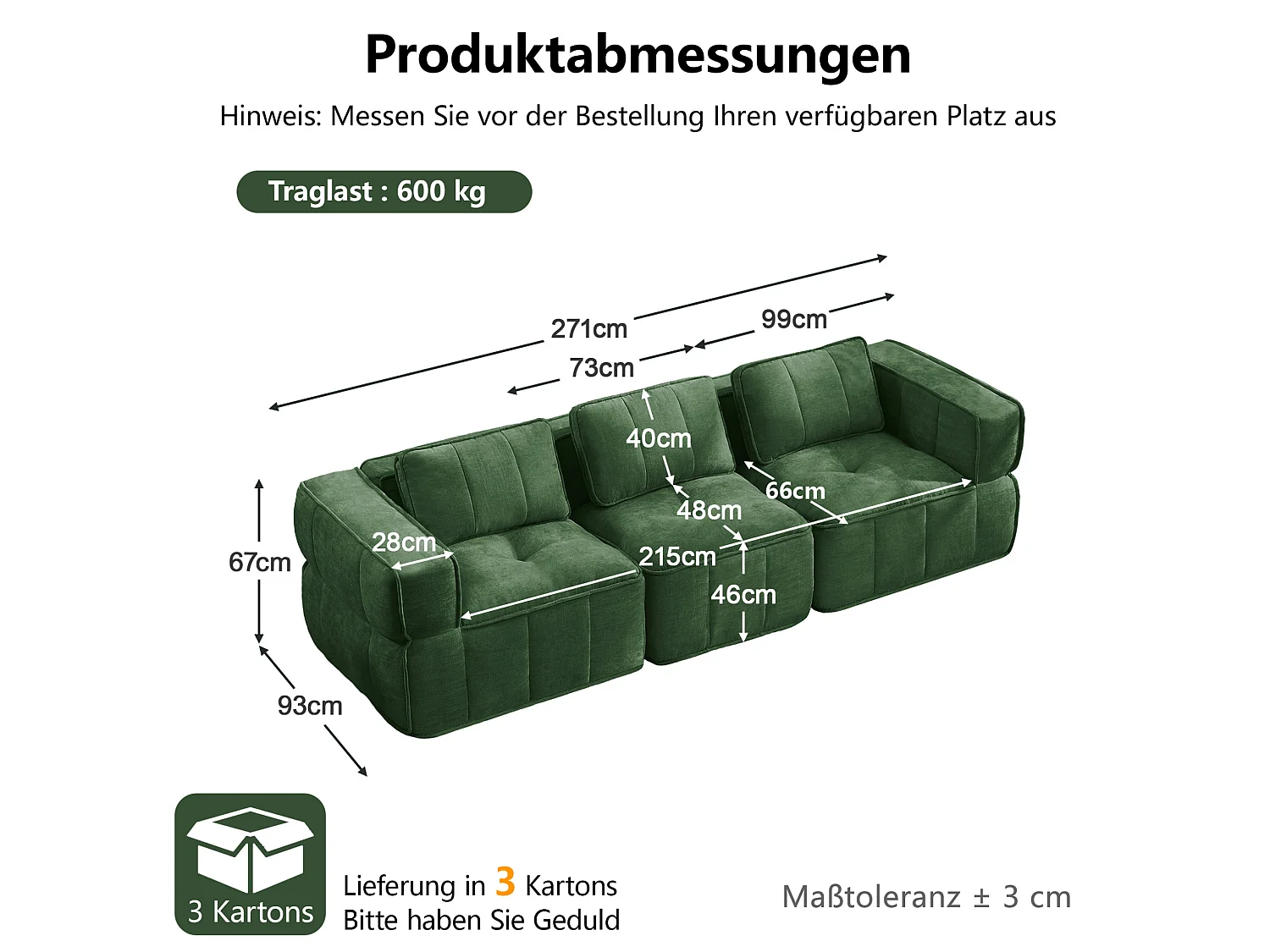 Modulaire 3‑zits rechte bank van groen polyester, diepe zitting, montagevrij