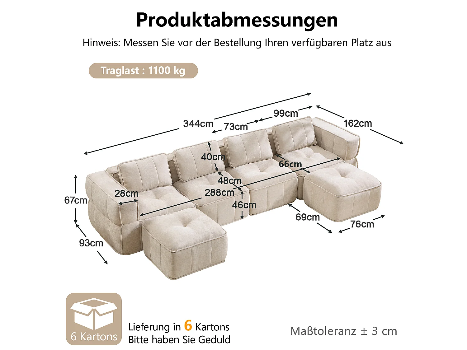 Modulares 4‑Sitzer‑Ecksofa aus beigem Polyester mit 2 Fußhockern, rutschfester Boden