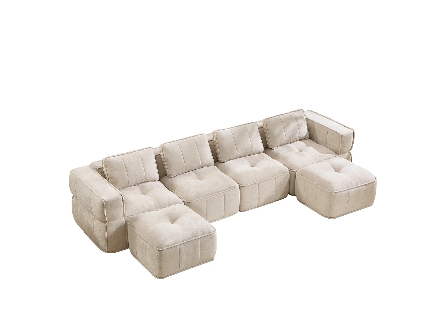 Modulares 4‑Sitzer‑Ecksofa aus beigem Polyester mit 2 Fußhockern, rutschfester Boden