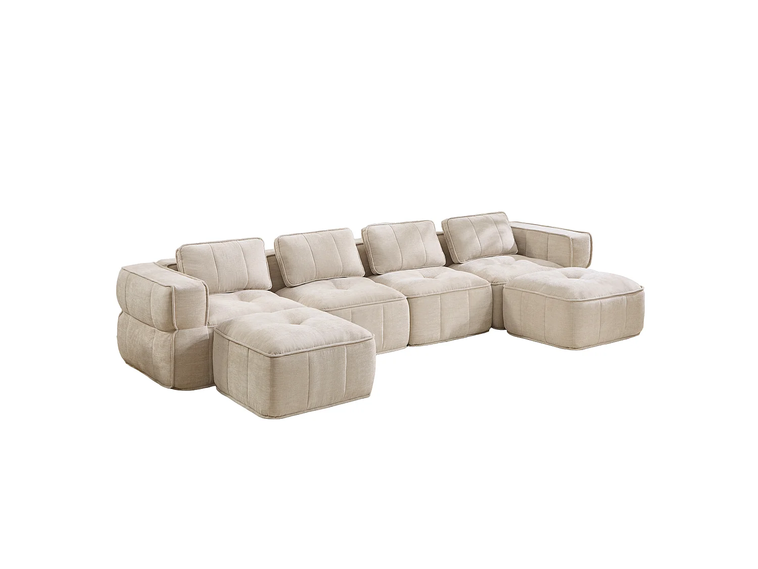Modulares 4‑Sitzer‑Ecksofa aus beigem Polyester mit 2 Fußhockern, rutschfester Boden